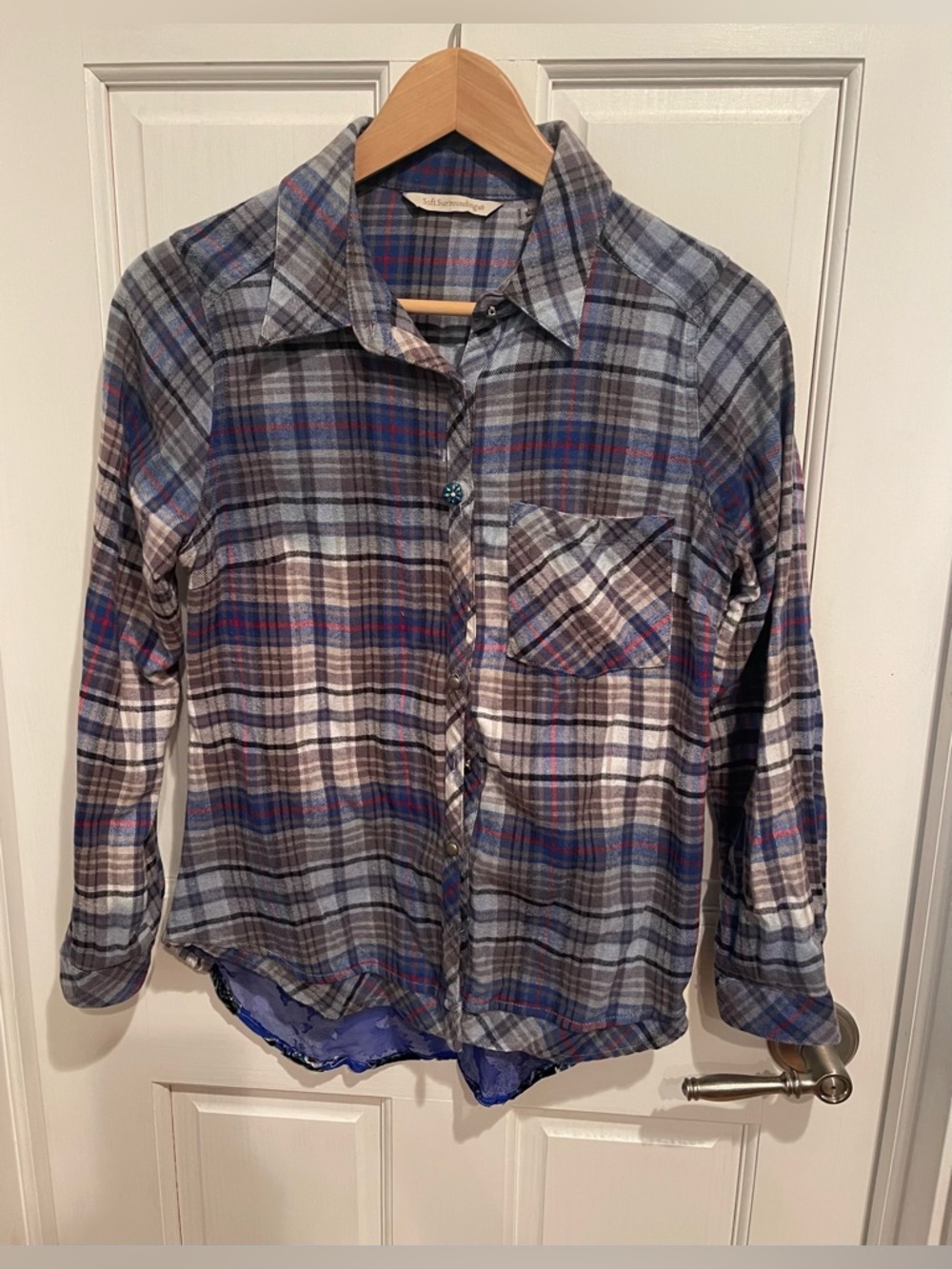 Soft Surroundings Plaid Button-Up Shirt in Blue, Gray & Brown XSP